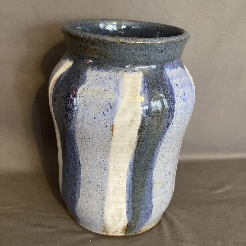 Vintage Signed Handmade Art Pottery Vase Crock Painted Thorson Blue Gray White